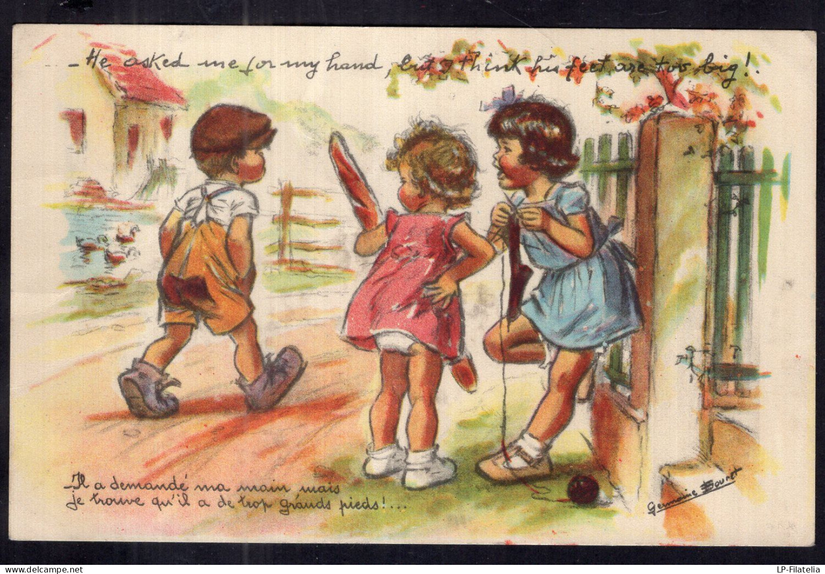 Postcard - Circa 1930 - Children - Illustration - Two Girls And A Boy - Disegni Infantili