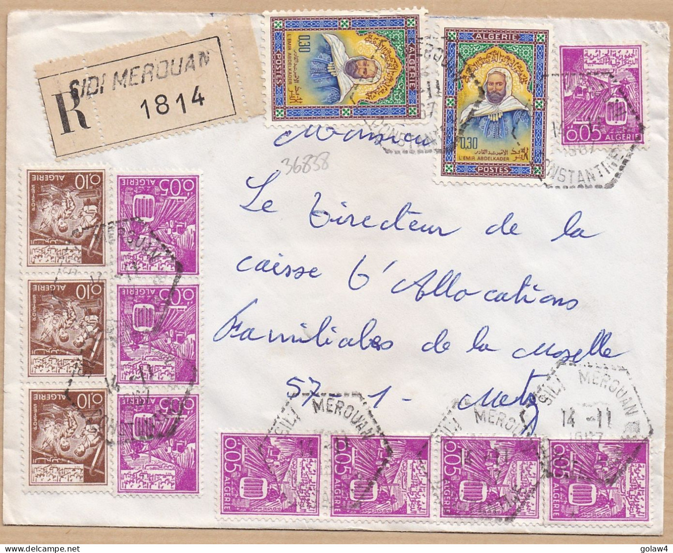 36838# ALGERIE LETTRE RECOMMANDE Obl SIDI MEROUAN CONSTANTINE 1967 Pour METZ MOSELLE - Argelia (1962-...)