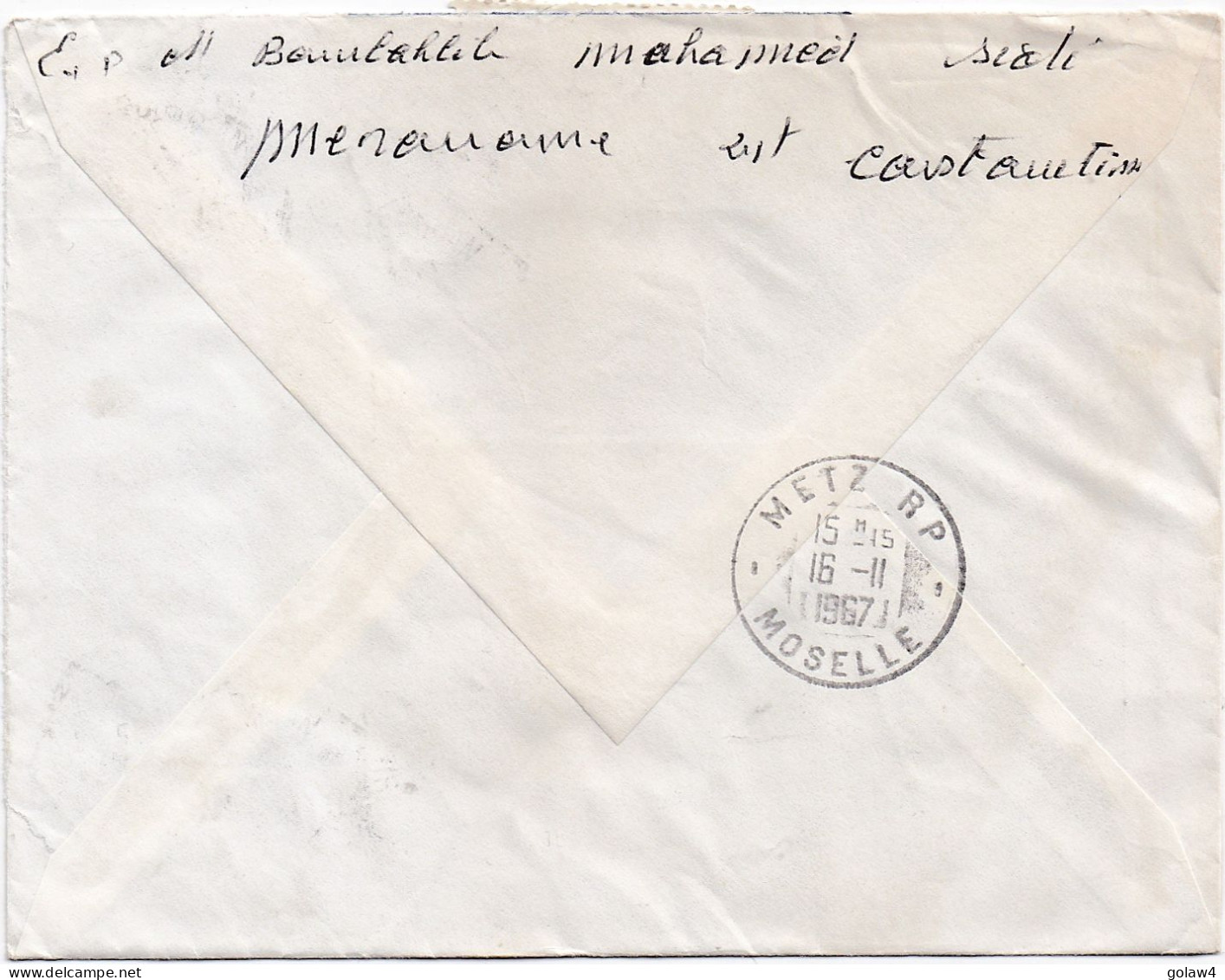 36838# ALGERIE LETTRE RECOMMANDE Obl SIDI MEROUAN CONSTANTINE 1967 Pour METZ MOSELLE - Argelia (1962-...)