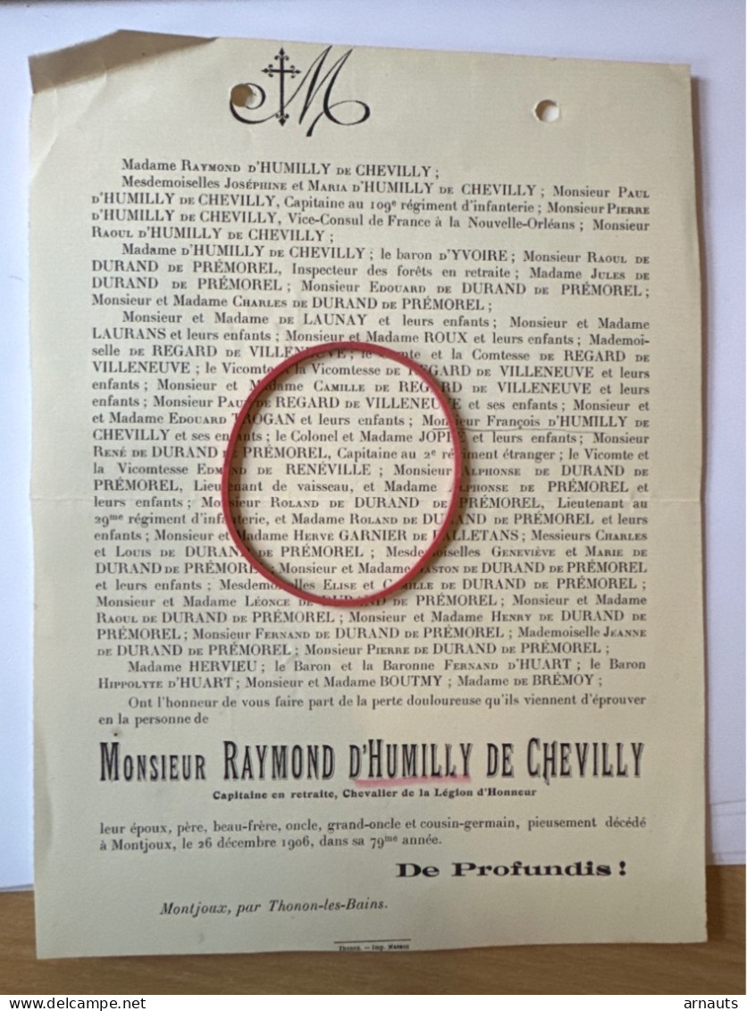 Raymond D’Humilly De Chevilly Capitaine Retraite Legion D’Honneur *1827 Viry +1906 Montjoux Thonon-les-Bains Durand De P - Overlijden