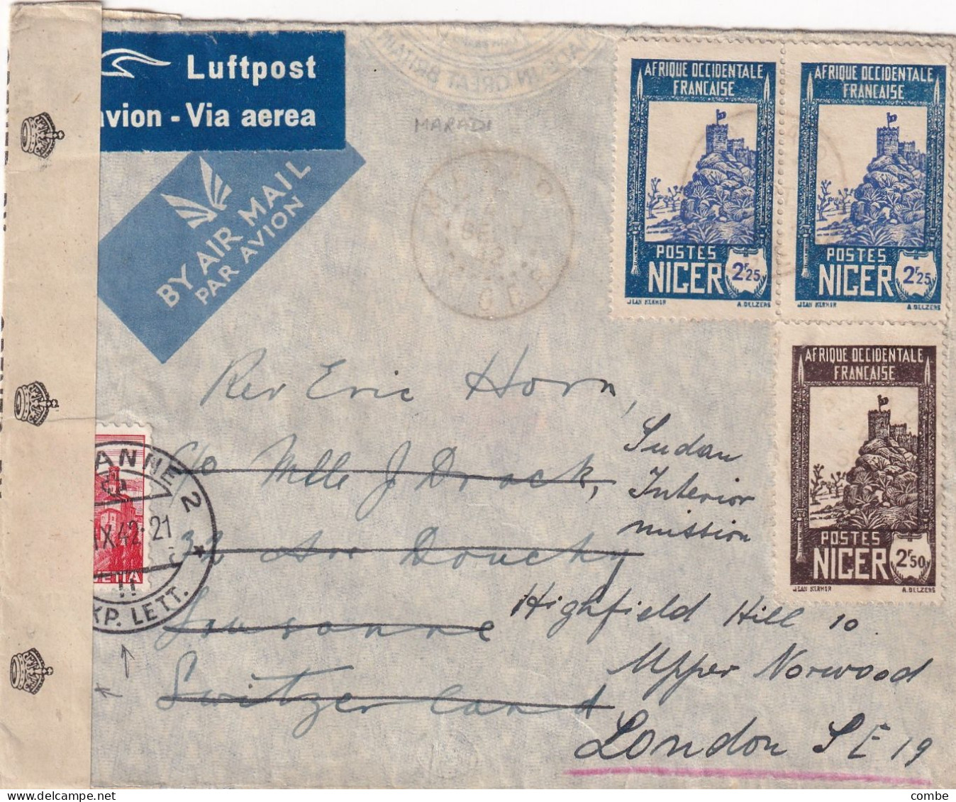 LETTRE. 4 SEPT 42. LUFTPOST. MARADI NIGER. 7Fr. POUR SUISSE PUIS LONDRES. TAXE SUISSE LAUSANNE. BANDE CONTROLE CENSURE - Storia Postale