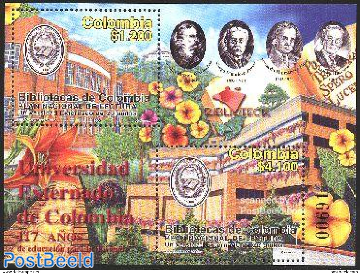 Colombia 2003 University Library S/s, Mint NH, Nature - Science - Flowers & Plants - Education - Art - Libraries - Kolumbien