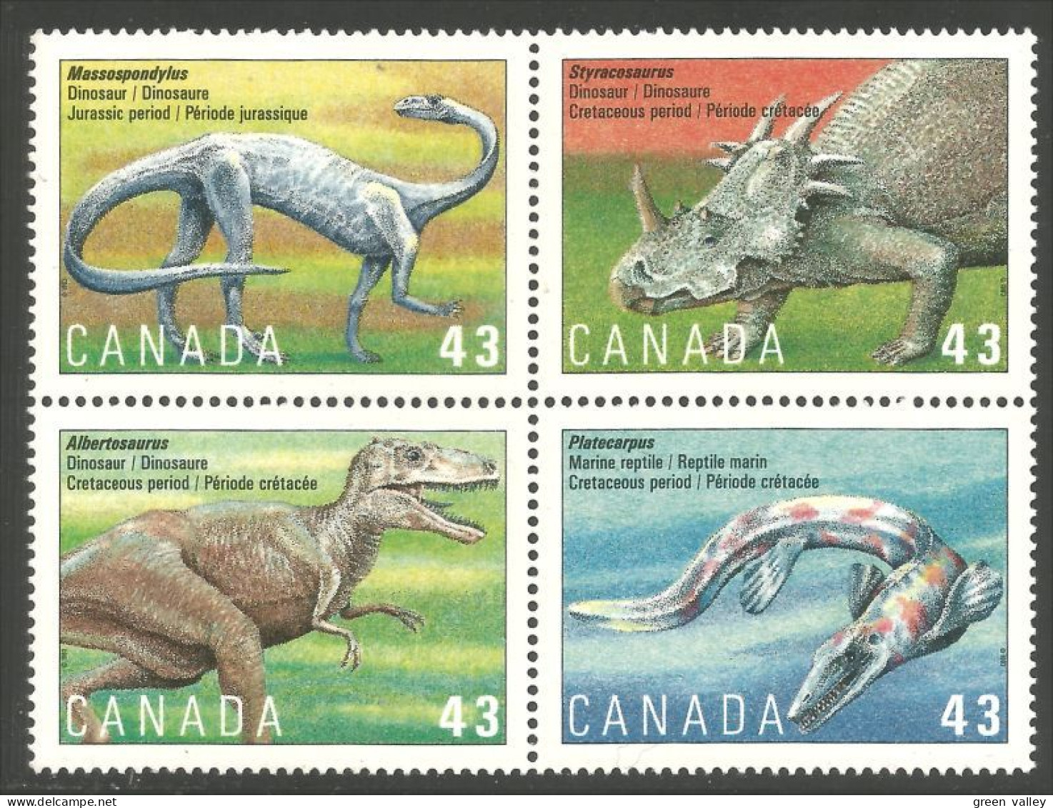 Canada Massospondylus Styracosaurus Albertosaurus Platecarpus Dinosaur MNH ** Neuf SC (C14-98ab) - Prehistóricos