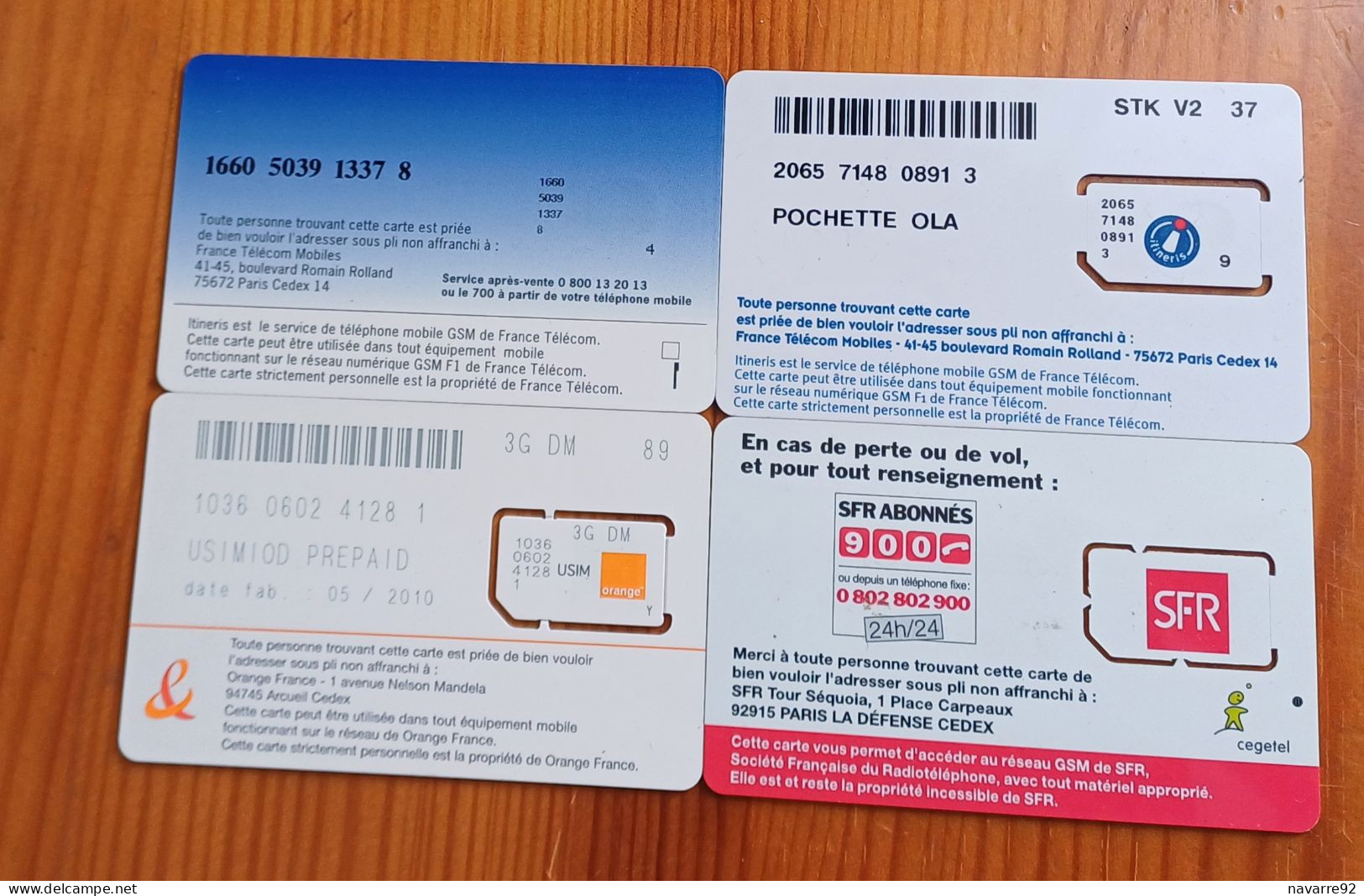 LOT 4 CARTES GSM SIM ITINERIS FRANCE TELECOM SFR T.B.E !!! - Andere & Zonder Classificatie