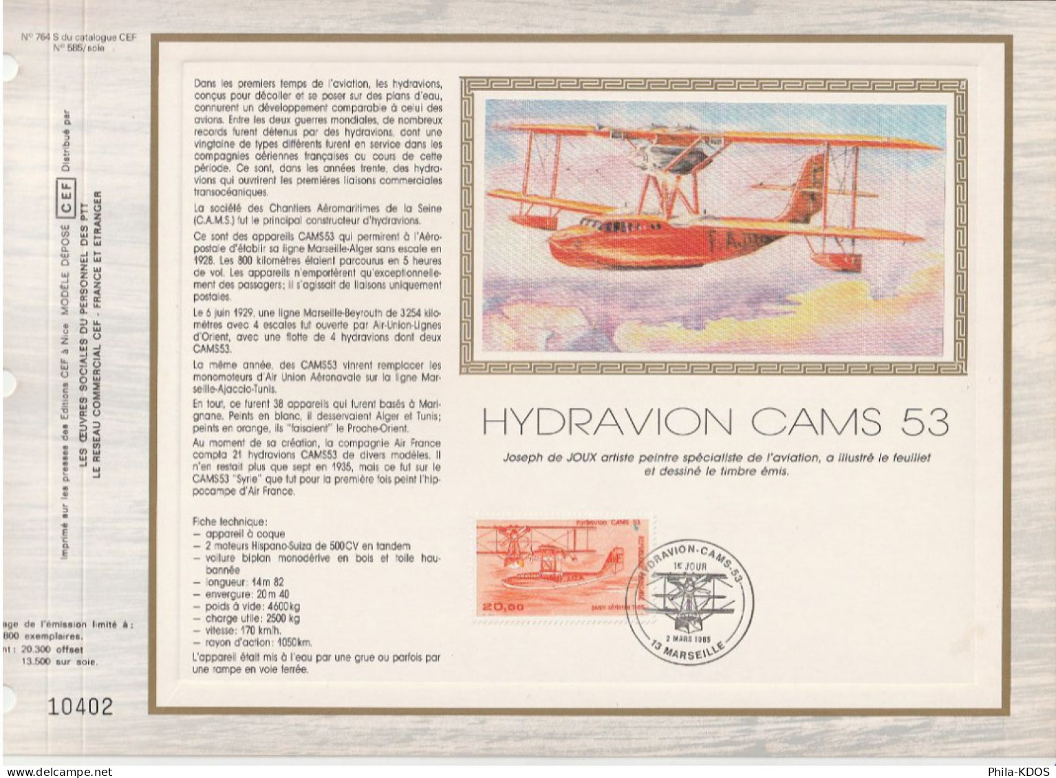 " HYDRAVION CAMS 53 " Sur Feuillet CEF 1er Jour N°té Sur Soie De 1985. N° YT PA 58 Parfait état. FDC - Sin Clasificación
