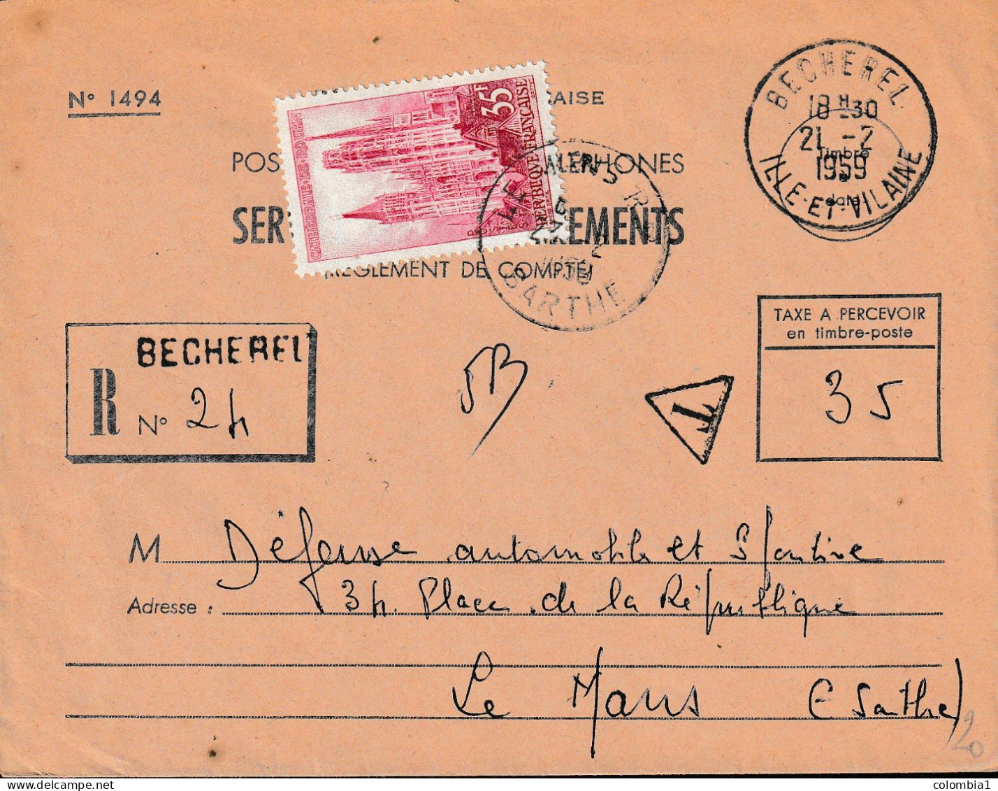 Lettre  Rec  De BECHEREL (35) Du 21 - 2-1959 Via LE Mans - Storia Postale