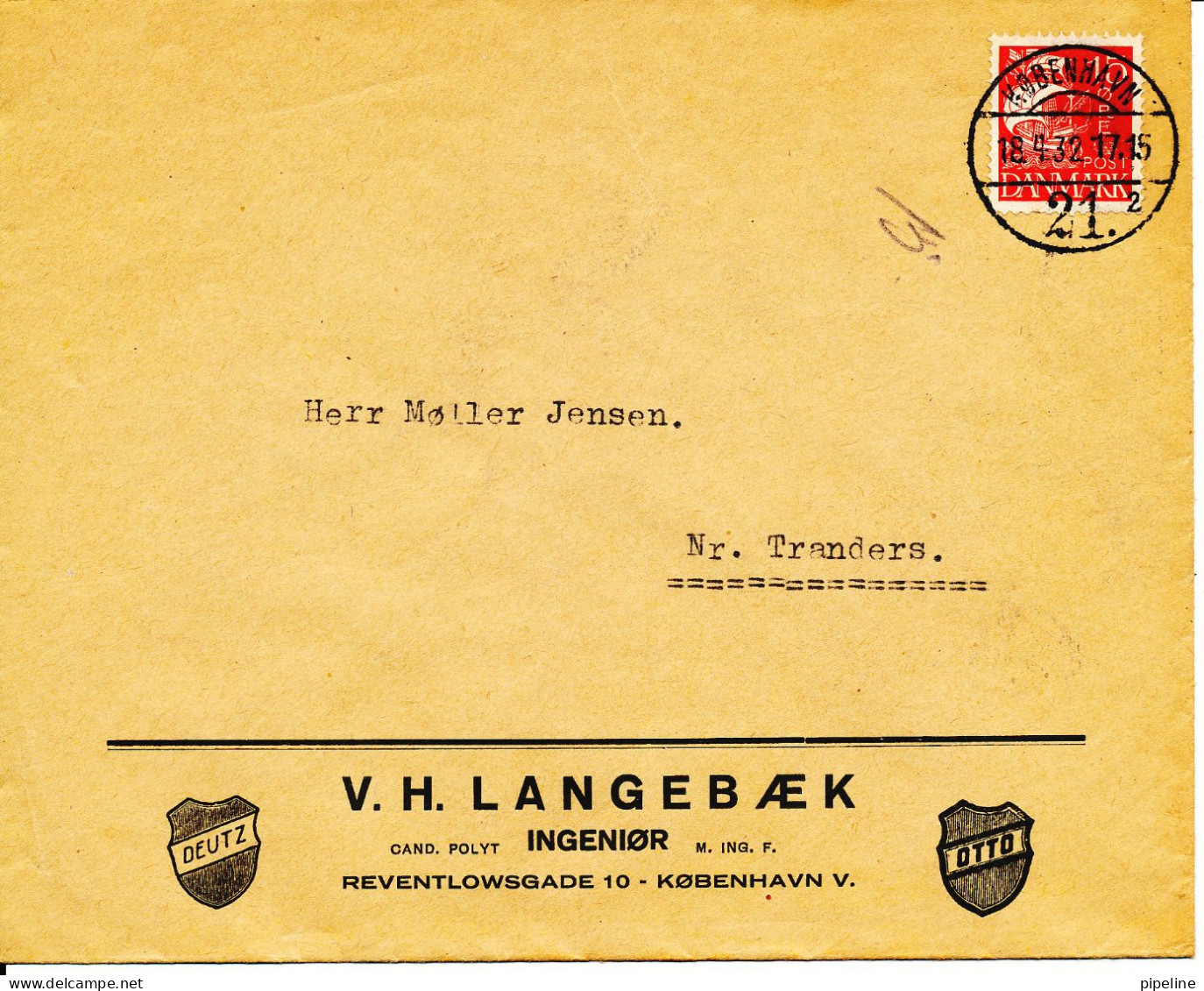 Denmark Cover Sent To Nr. Tranders Copenhagen 18-4-1932 V. H. Langebäk Ingeniör - Briefe U. Dokumente