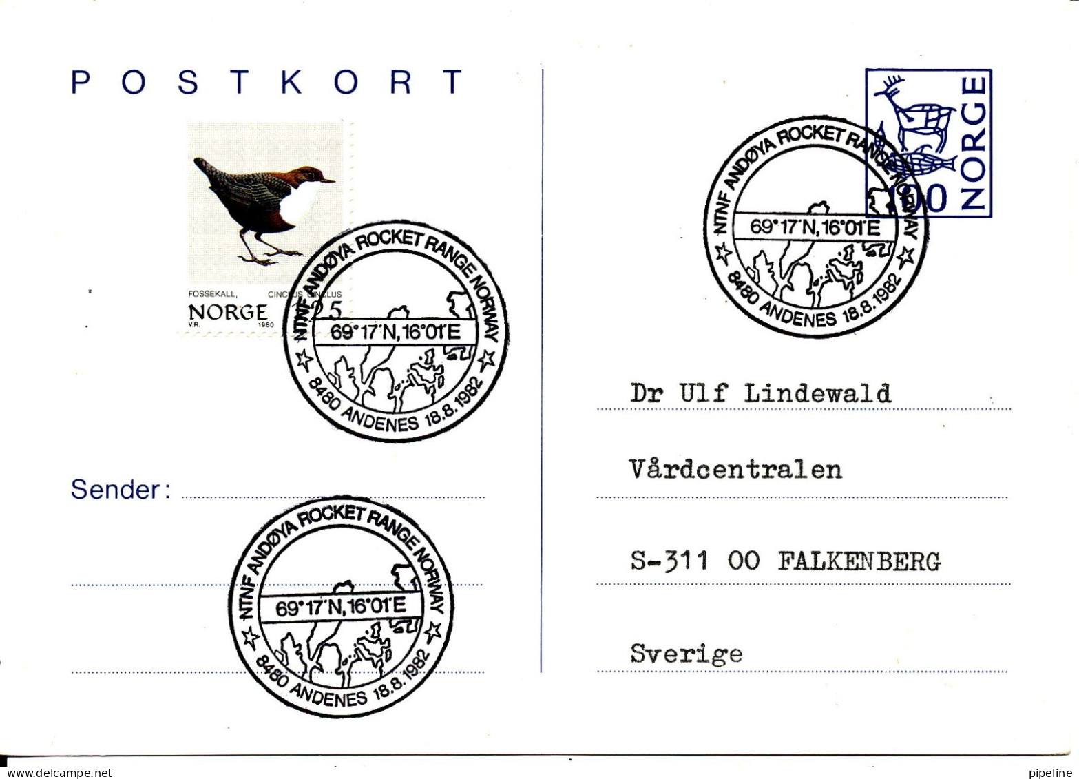 Norway Brevkort Letter Card With Very Special Postmark Andenes 18-8-1982 NTNF Andöya Rocket Range Norway - Storia Postale