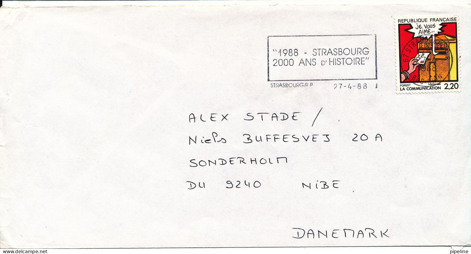 France Cover Sent To Denmark Strassbourg 27-4-1988 Single Franked - Briefe U. Dokumente