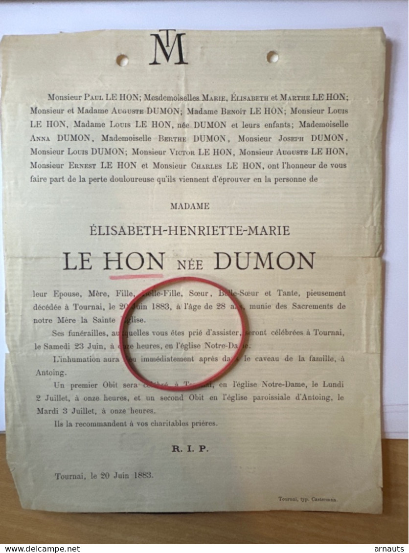 Madame Elisabeth Le Hon Nee Dumon *1855 St.-Josse Ten Noode +1883 Tournai Antoing Licot De Nismes De Cordes Chimay - Overlijden