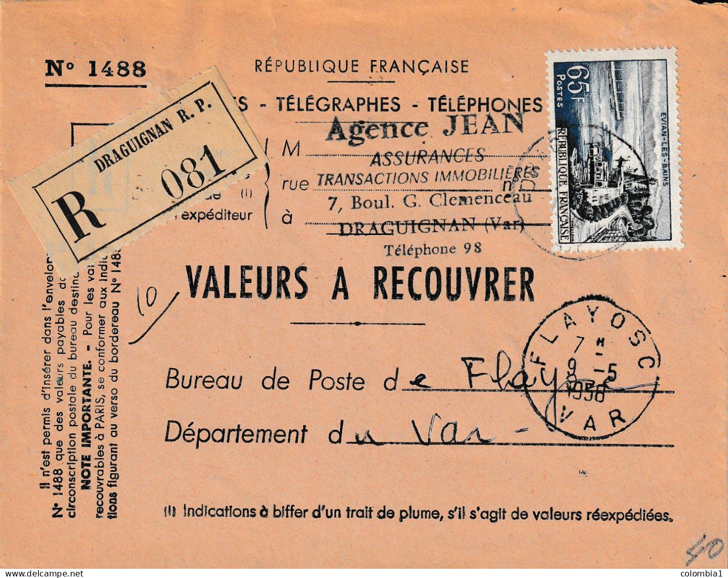 Lettre  Rec Télégraphes DRAGUIGNAN Via FLAYOSC 9 - 5 - 1958 - Lettres & Documents