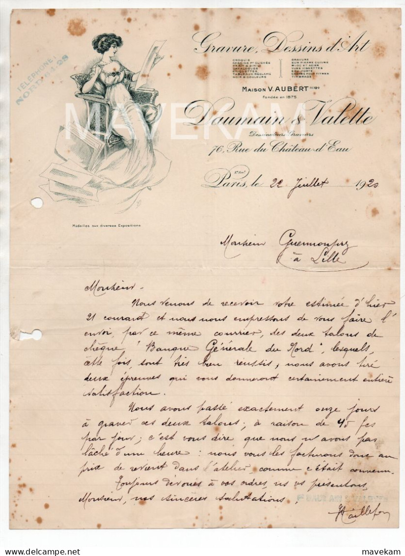 Facture Publicitaire " Gravure Dessin D'art Maison V.Aubert - DAUMAIN & VALETTE, 76 Rue Du Chateau D'eau Paris 1920 " - Imprenta & Papelería