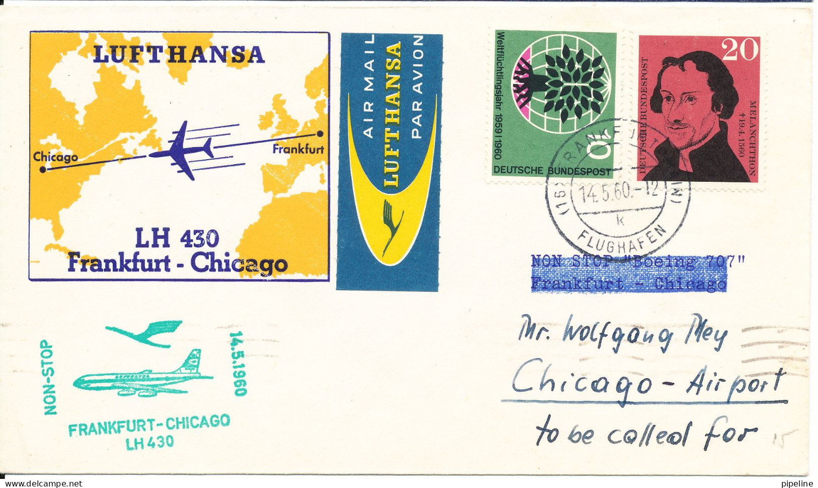 Germany Cover First Non Stop Flight Lufthansa LH 430 Frankfurt - Chicago 14-5-1960 - Lettres & Documents