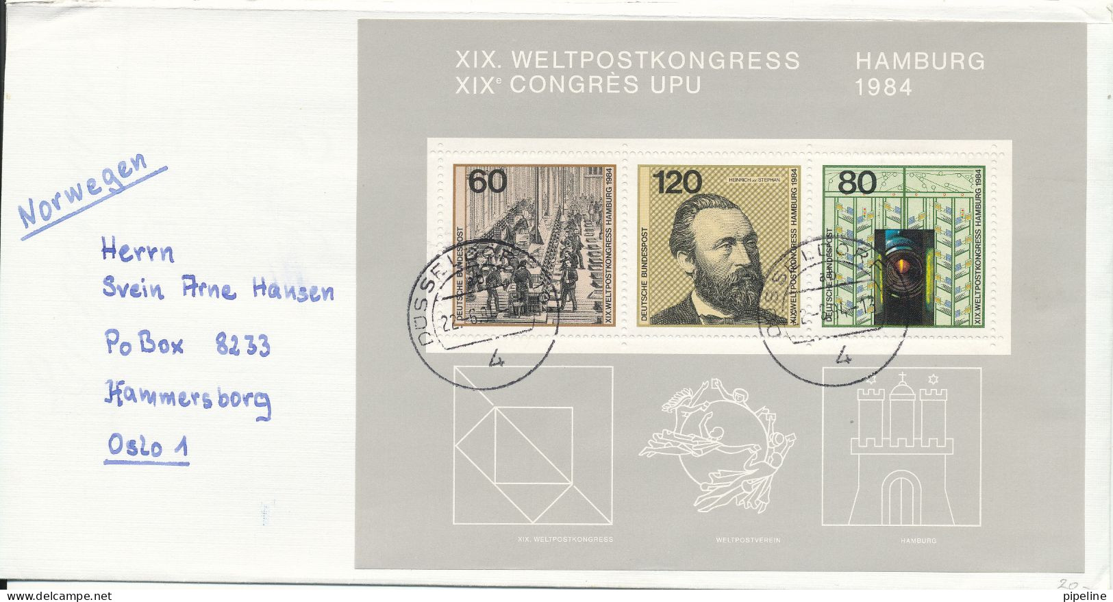 Germany Cover Sent To Norway 22-6-1984 With Souvenir Sheet UPU Congress 1984 - Briefe U. Dokumente