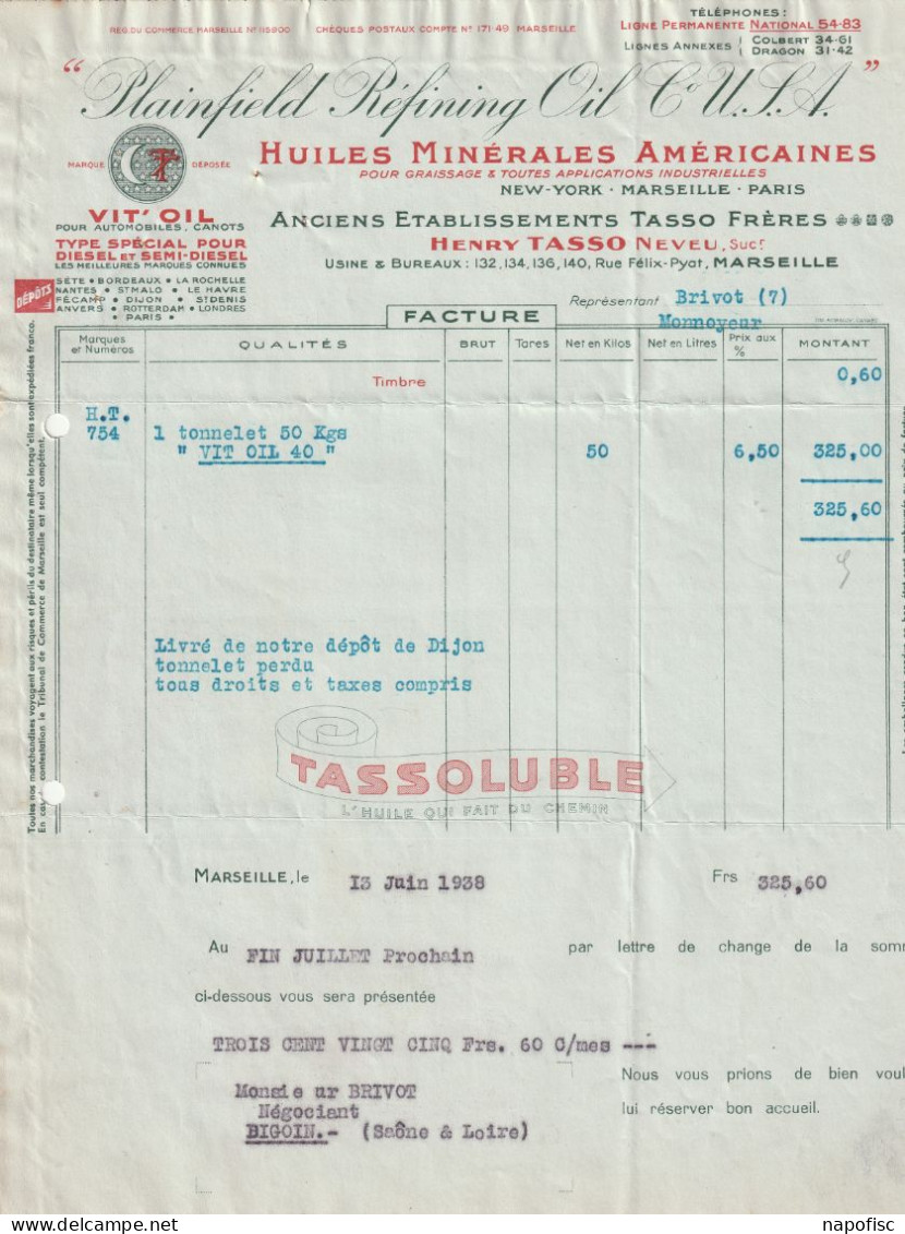 13-H.Tasso..Huiles Minérales Américaines..Marseille...(Bouches-du-Rhône)...1938 - Sonstige & Ohne Zuordnung