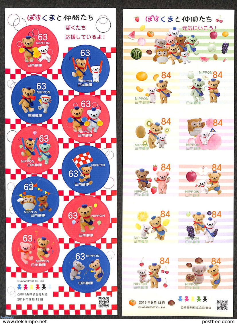 Japan 2019 Post Bears 20v (2 M/s) S-a, Mint NH, Nature - Various - Fruit - Teddy Bears - Toys & Children's Games - Unused Stamps