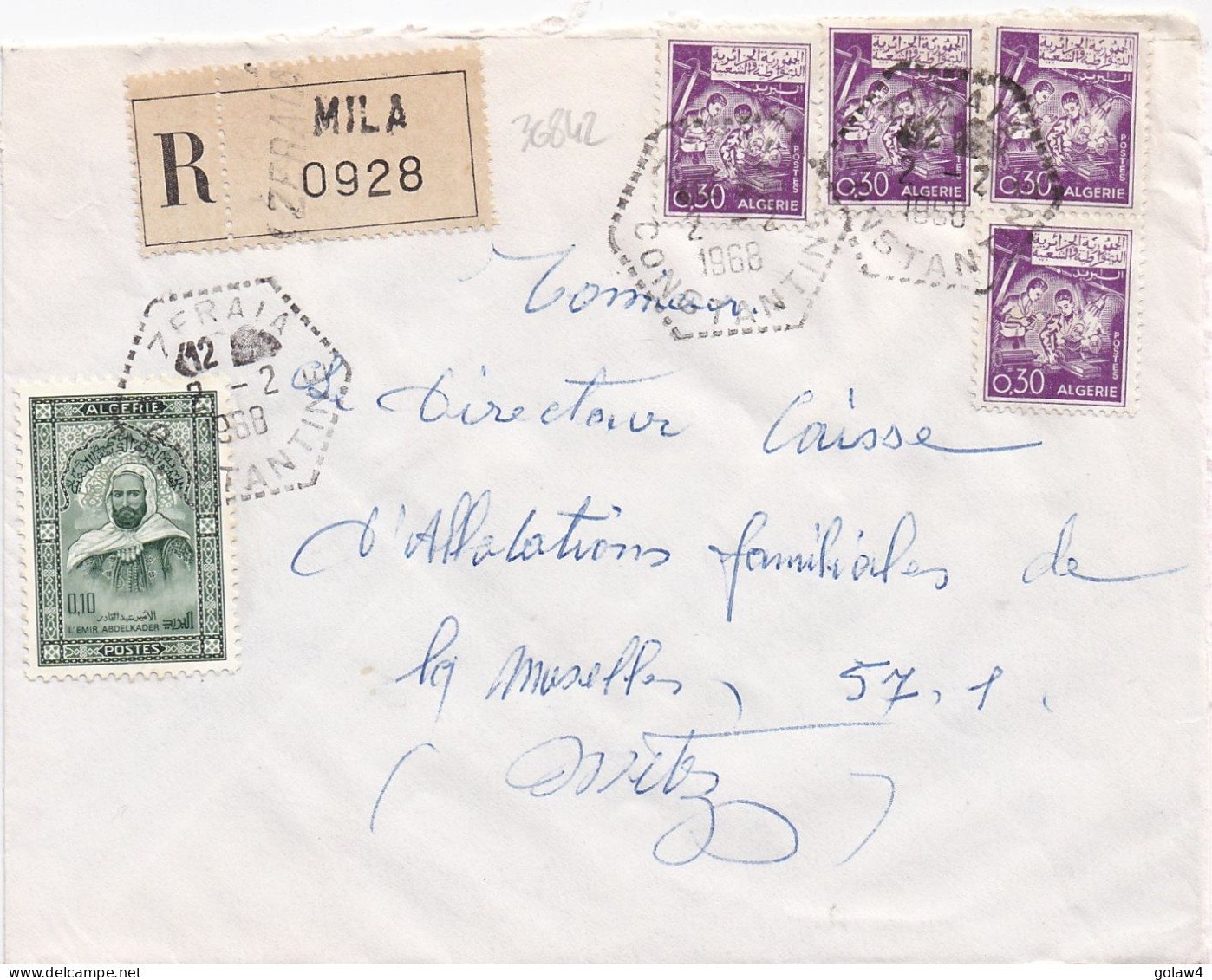 36842# ALGERIE LETTRE RECOMMANDE Obl ZERAIA CONSTANTINE 1968 MILA Pour METZ MOSELLE - Algérie (1962-...)