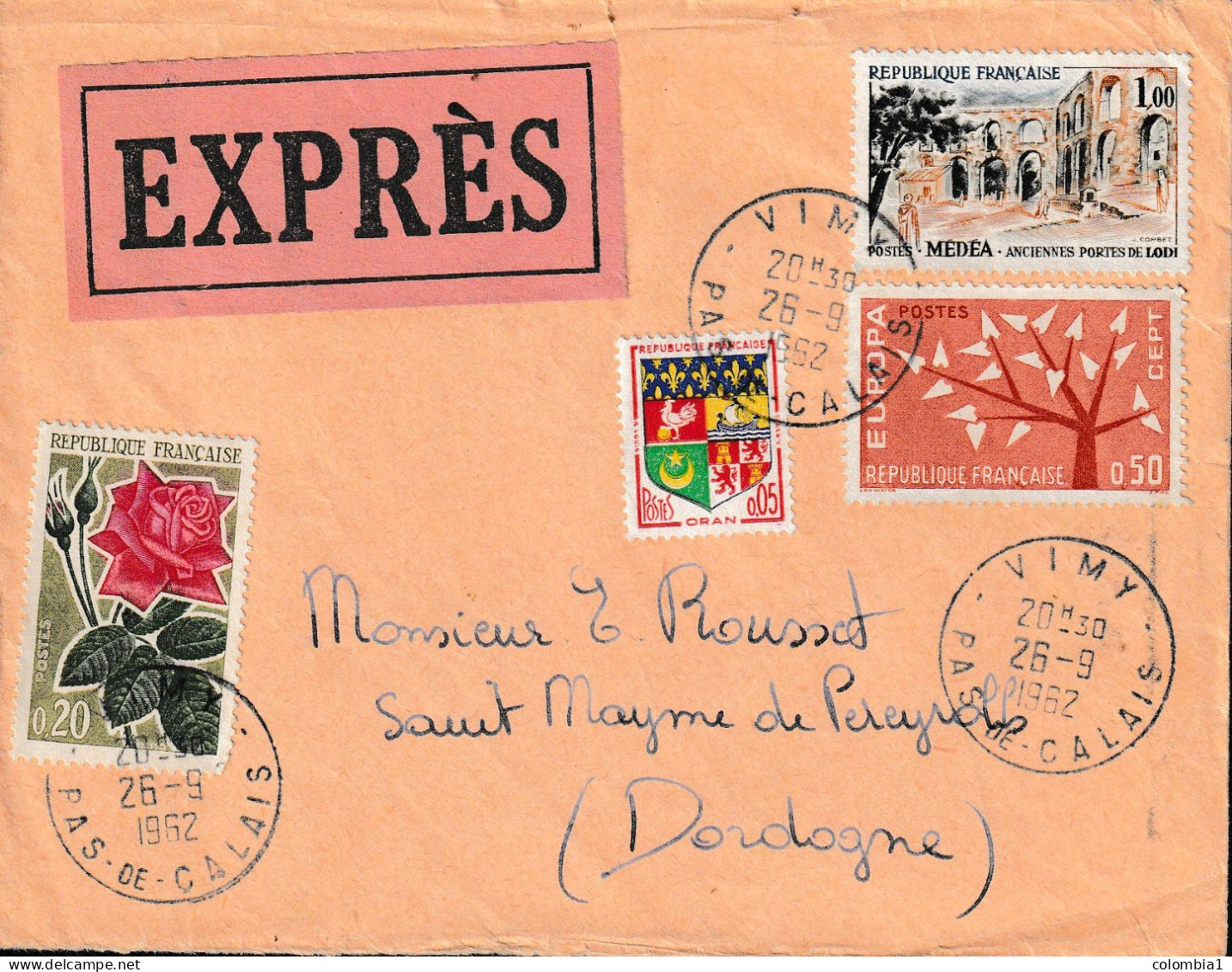 Lettre  EXPRES De VIMY (59) 26 SEPT 1962 Via St Mayme Du Pérogord - Covers & Documents