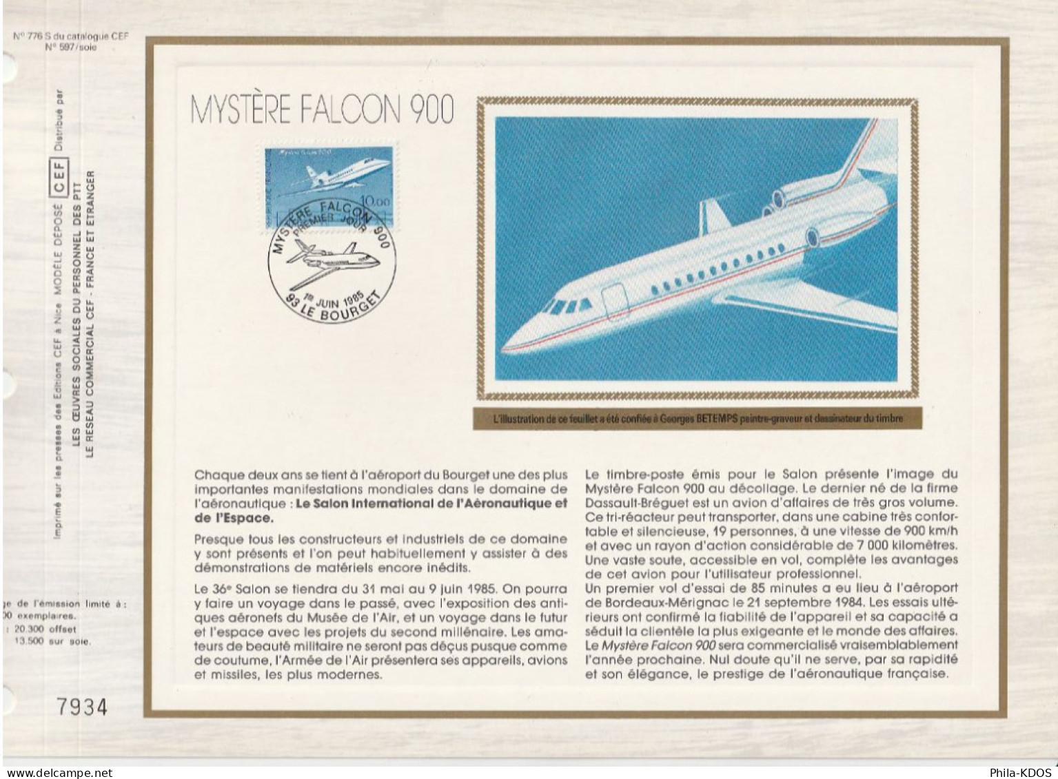 " MYSTERE FALCON 900 " Sur Feuillet CEF 1er Jour Sur Soie De 1985. N° YT 2372. FDC - Sin Clasificación