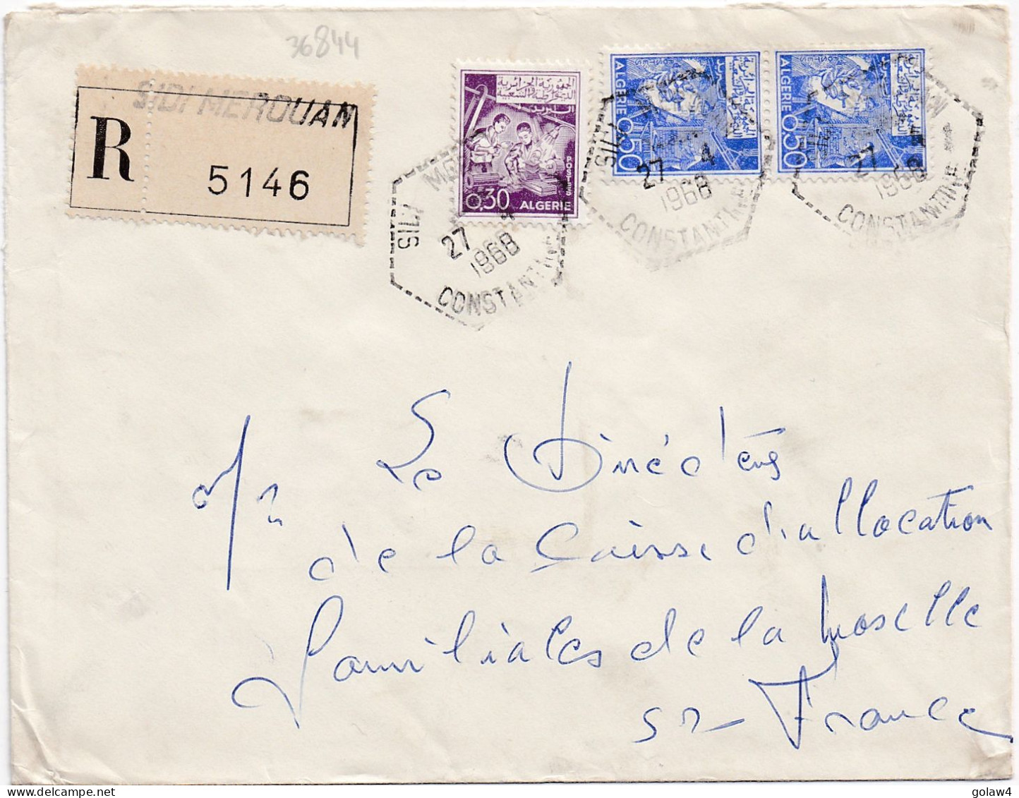 36844# ALGERIE LETTRE RECOMMANDE Obl SIDI MEROUAN CONSTANTINE 1968 Pour METZ MOSELLE - Argelia (1962-...)