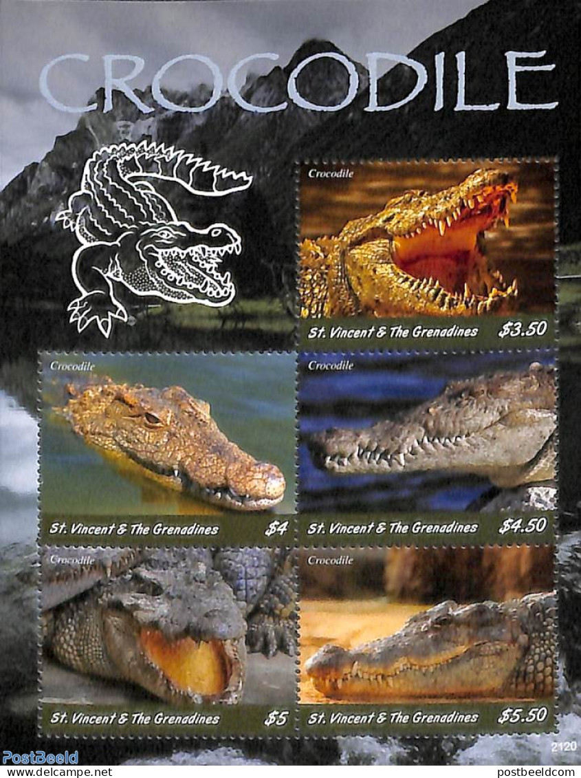 Saint Vincent 2021 Crocodile 5v M/s, Mint NH, Nature - Crocodiles - Reptiles - St.Vincent (1979-...)