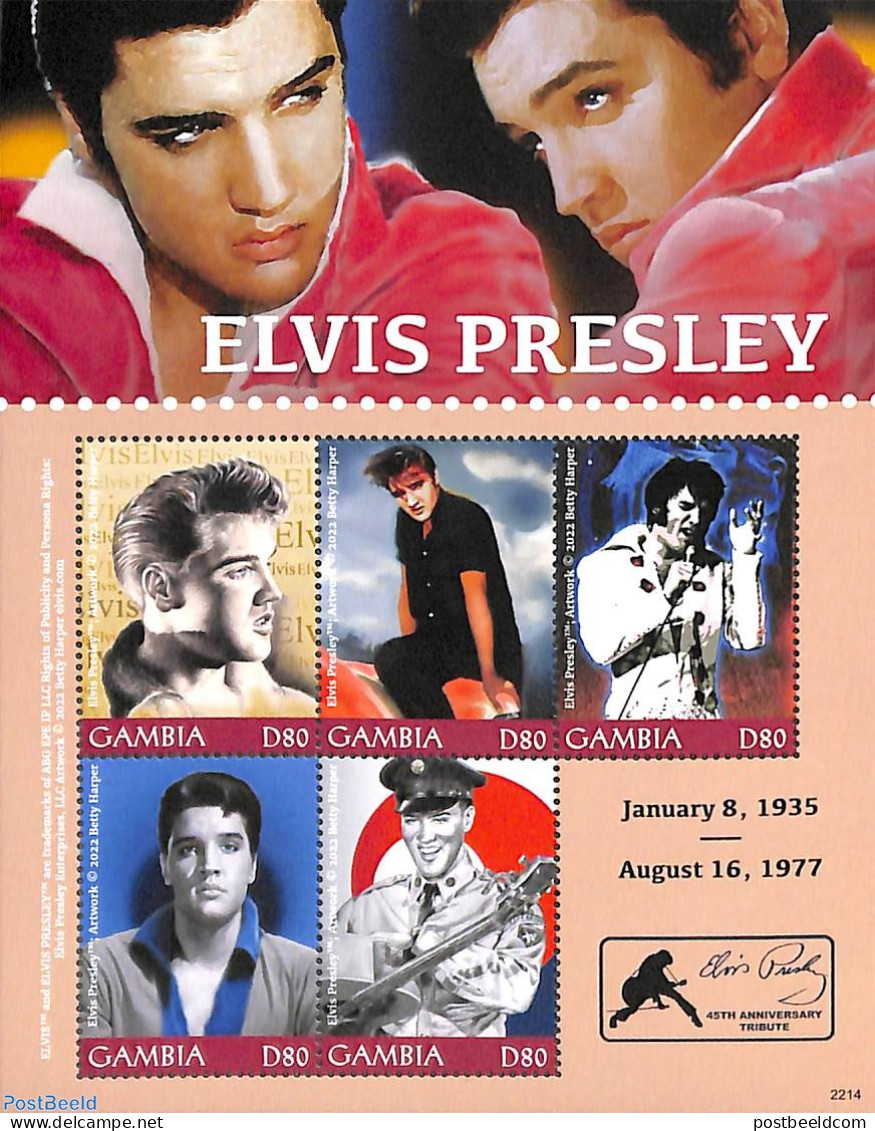 Gambia 2022 Elvis Presley 5v M/s, Mint NH, Performance Art - Elvis Presley - Music - Popular Music - Elvis Presley