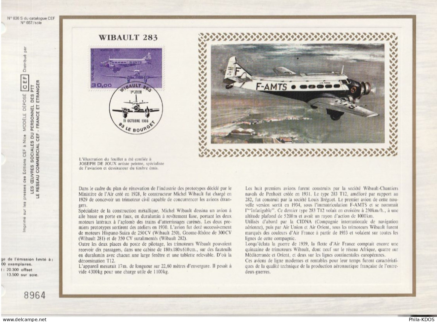 (Faciale = 4.57 €) " WIBAULT 283 " Sur Feuillet CEF 1er Jour Sur Soie De 1986. N° YT PA 59. FDC - Non Classificati