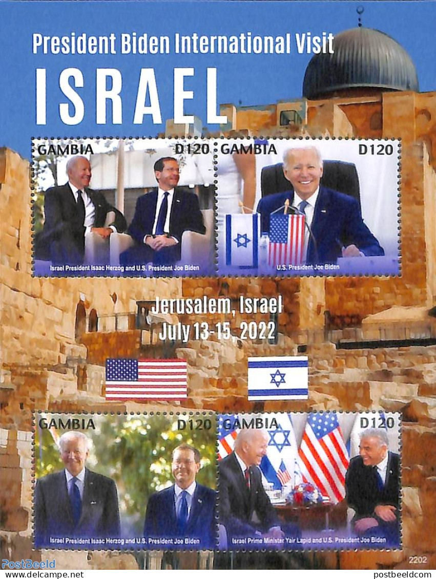 Gambia 2022 President Biden In Israel 4v M/s, Mint NH, History - Religion - American Presidents - Judaica - Judaika, Judentum
