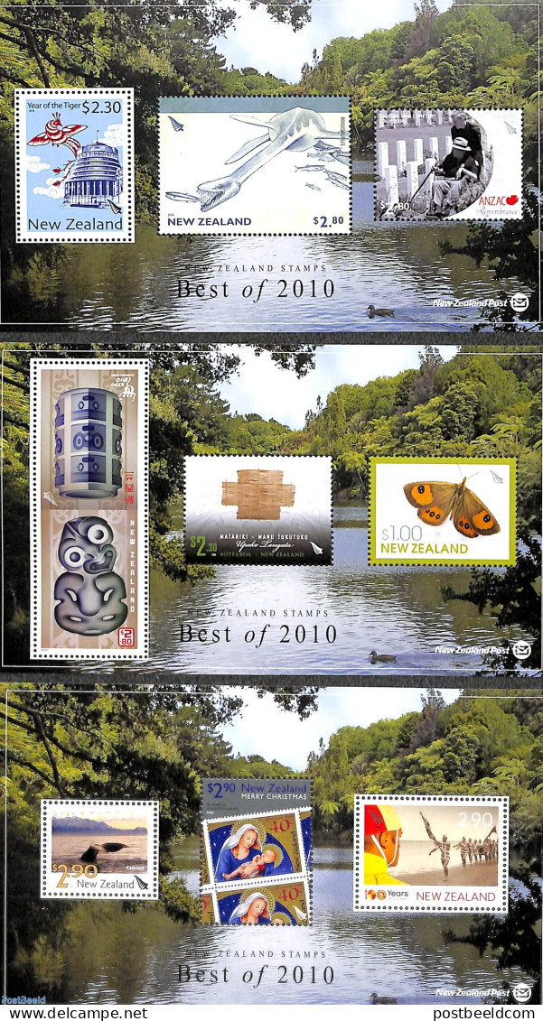 New Zealand 2011 Best Of 2010, 3 S/s, Mint NH, Nature - Religion - Birds - Butterflies - Prehistoric Animals - Christmas - Nuovi