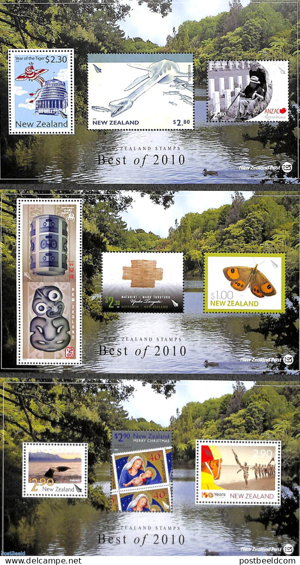 New Zealand 2011 Best Of 2010, 3 S/s, Mint NH, Nature - Religion - Birds - Butterflies - Prehistoric Animals - Christmas - Unused Stamps