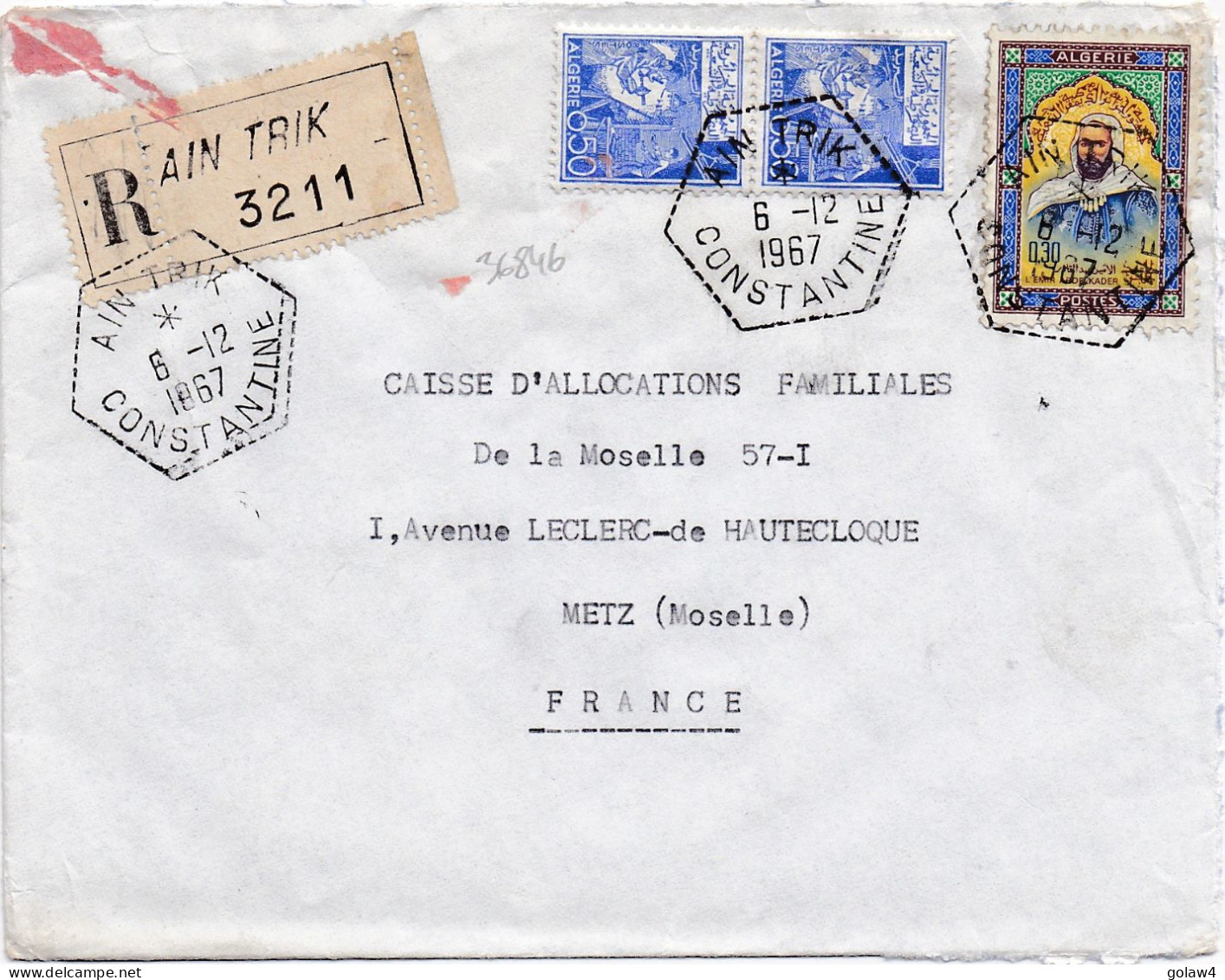 36846# ALGERIE LETTRE RECOMMANDE Obl AIN TRIK CONSTANTINE 1967 Pour METZ MOSELLE - Algeria (1962-...)