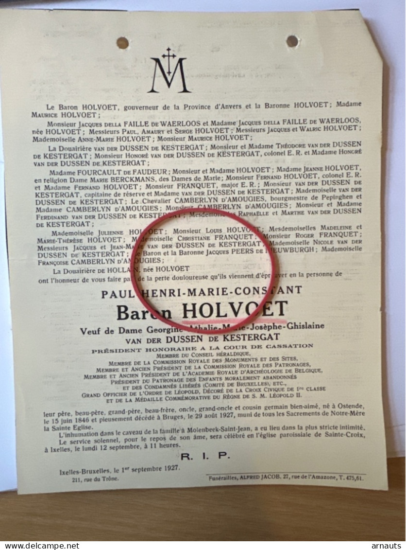 Paul Baron Holvoet Verf Van Der Dussen De Kestergat Conseil Heraldique *1846 Oostende +1927 Brugge Ixelles Della Faille - Overlijden