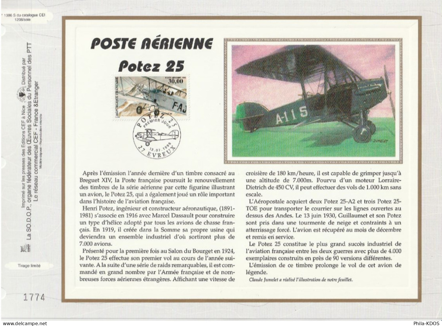 " POTEZ 25 " Sur Feuillet CEF 1er Jour N°té Sur Soie De 1999. N° YT PA 62 Parfait état. FDC à Saisir !!! - Flugzeuge