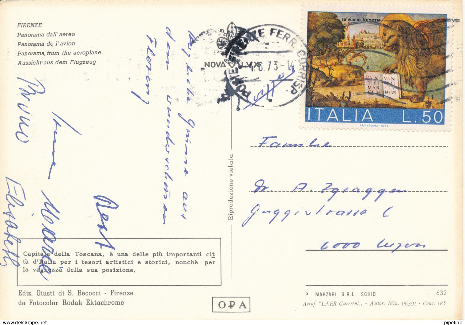 Italy Postcard Sent To Switzerland 4-6-1973 (Firenze Panorama From The Aeroplane) - Firenze