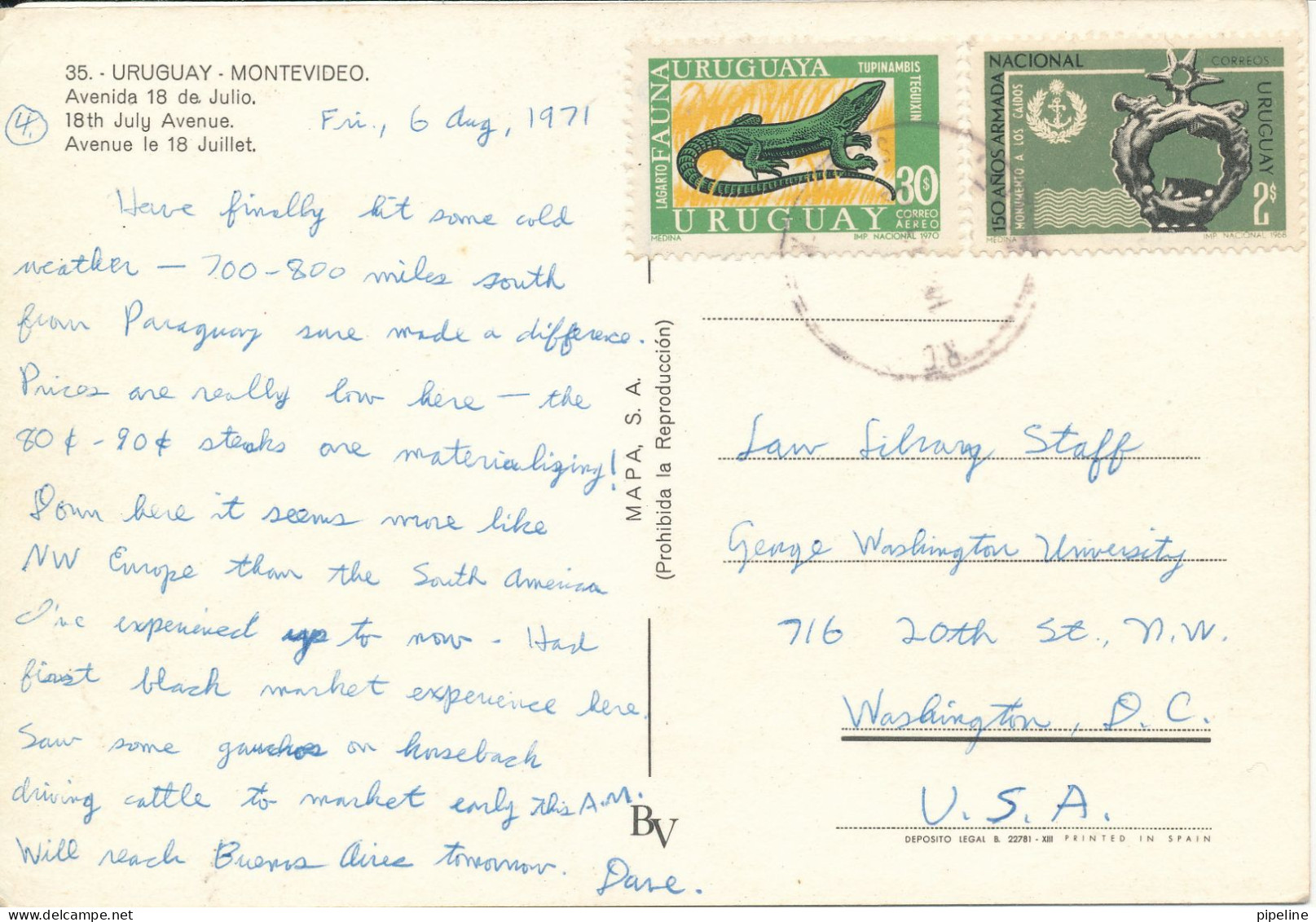 Uruguay Postcard Sent To USA 6-8-1971 (18th July Avenue) - Uruguay