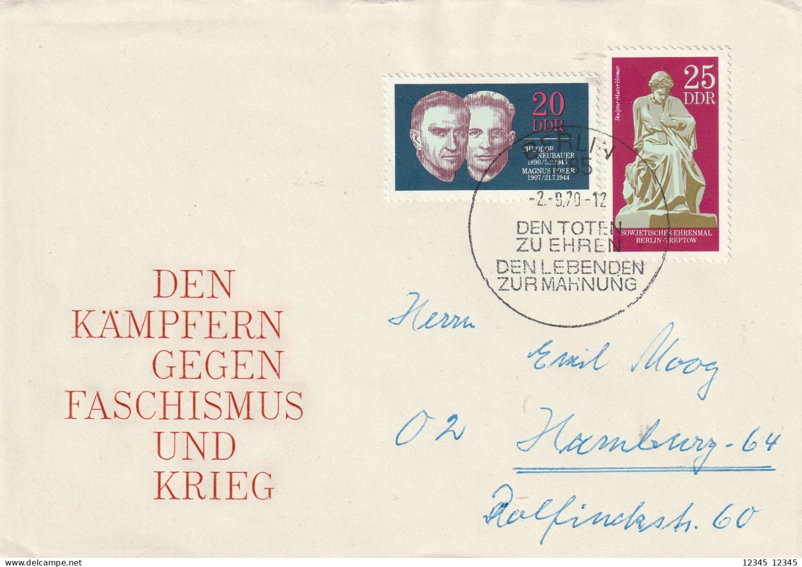 DDR 1970, FDC Sent To Hamburg, Resistance Fighters; International Memorials And Memorials. - 1950-1970