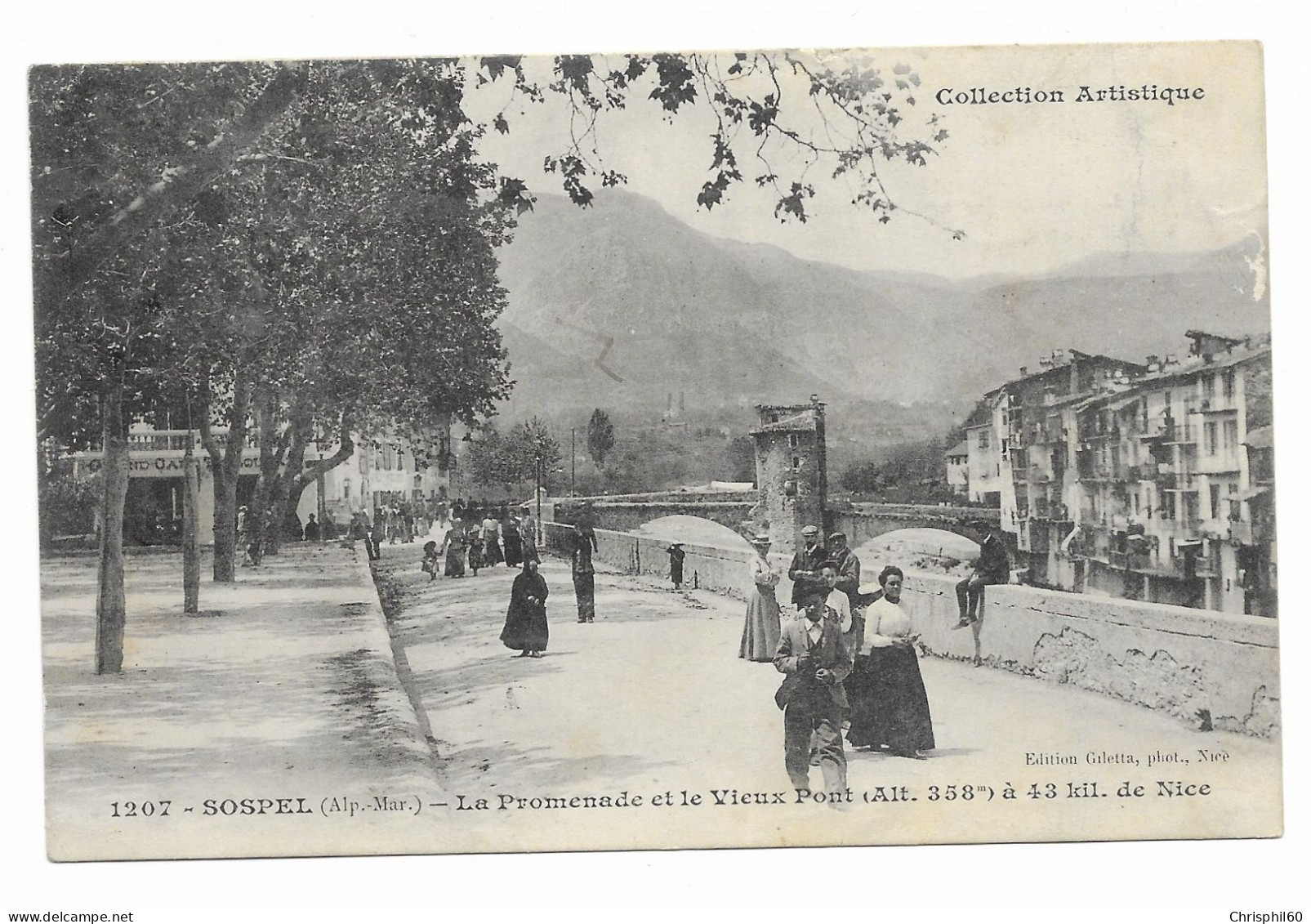 CPA Circulée En 1906 - SOSPEL - La Promenade Et Le Vieux Pont - Animé - Edit. Giletta - N° 1207 - - Sospel