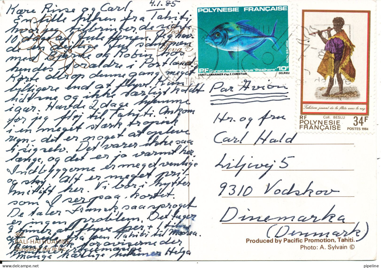 French Polynesia Postcard Sent To Denmark 4-1-1985 (Bungalow) - Frans-Polynesië