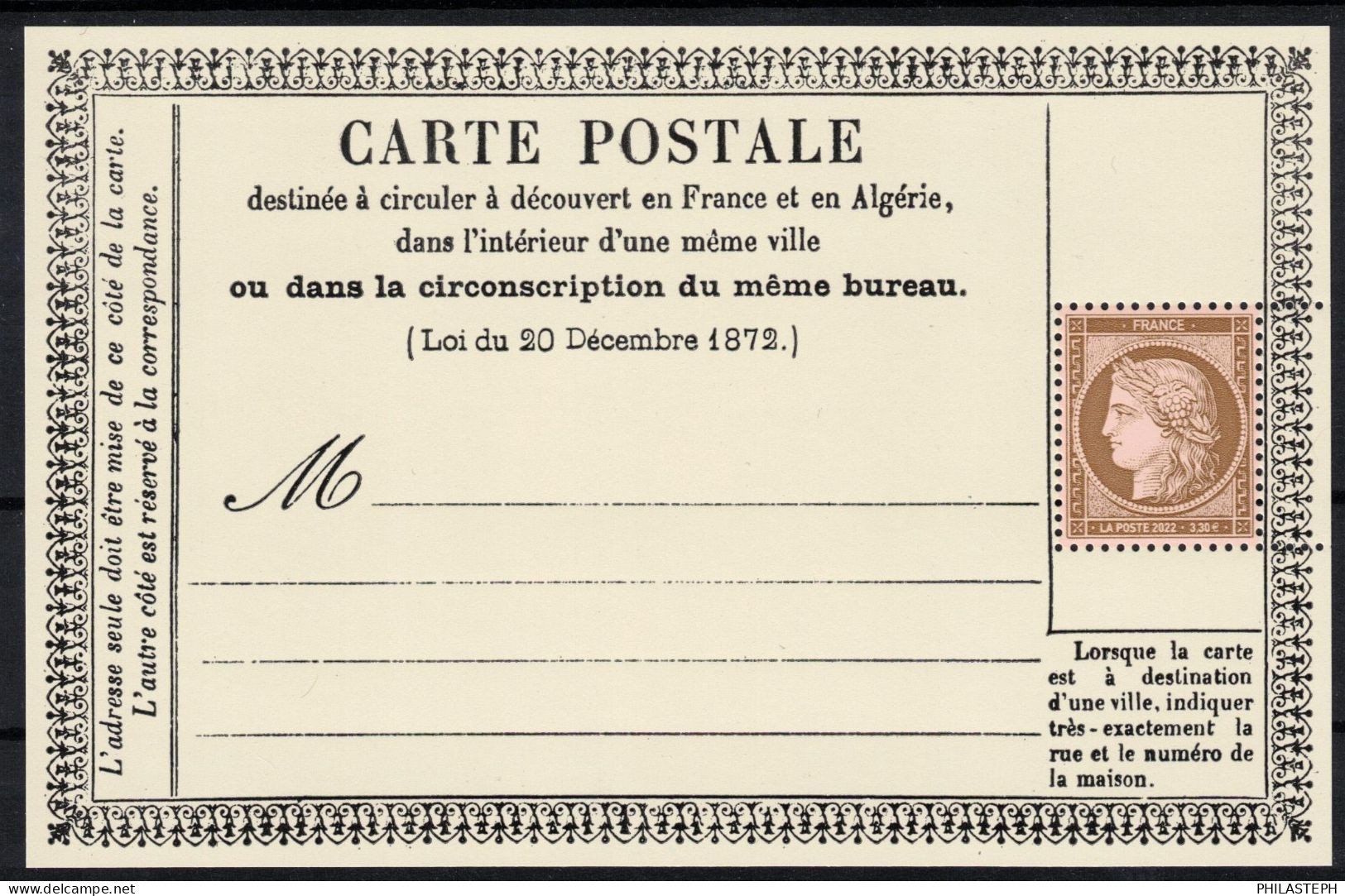 2022 - Cérès 3.30€ -  Feuillet Gommé 150 Ans De La Carte Postale En France (carte Cérès Précurseur)  - YT F5583 Neuf ** - 1871-1875 Cérès