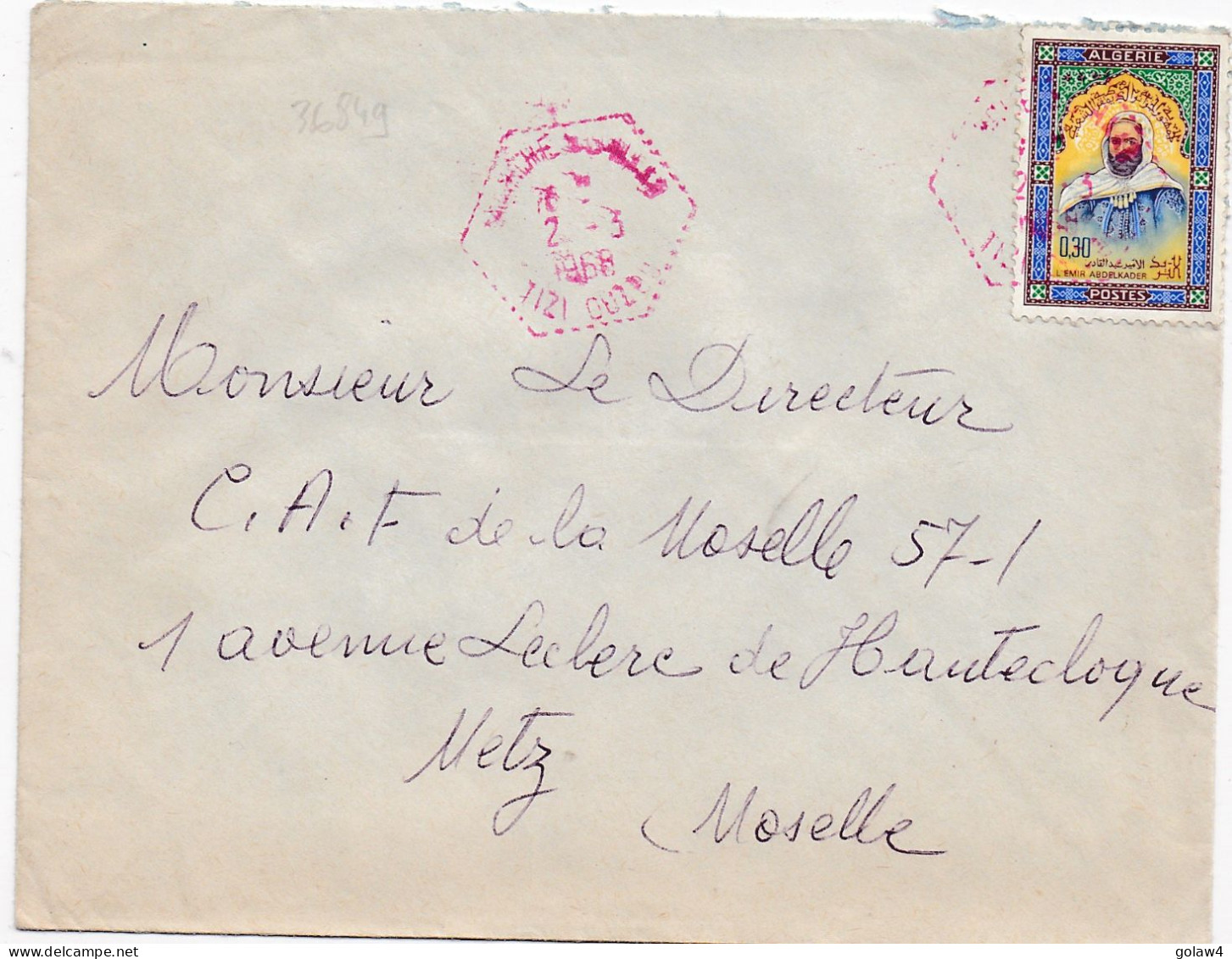 36849# ALGERIE LETTRE Obl ??? TIZI OUZOU 1968 ROUGE Pour METZ MOSELLE - Algérie (1962-...)