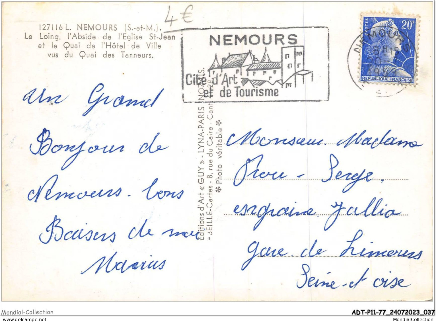 ADTP11-77-0912 - NEMOURS - Le Loing L'abside De L'église St-jean Et Le Quai De L'hôtel De Ville Vus Du Quai Des Tanneurs - Nemours