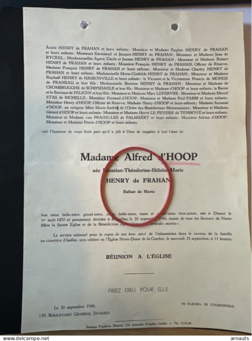 Madame Alfred D’Hoop Nee Henry De Frahan *1870 Dinant +1946 Bruxelles Maertens De Noordhout Hermans De Heel Everarts Vel - Décès