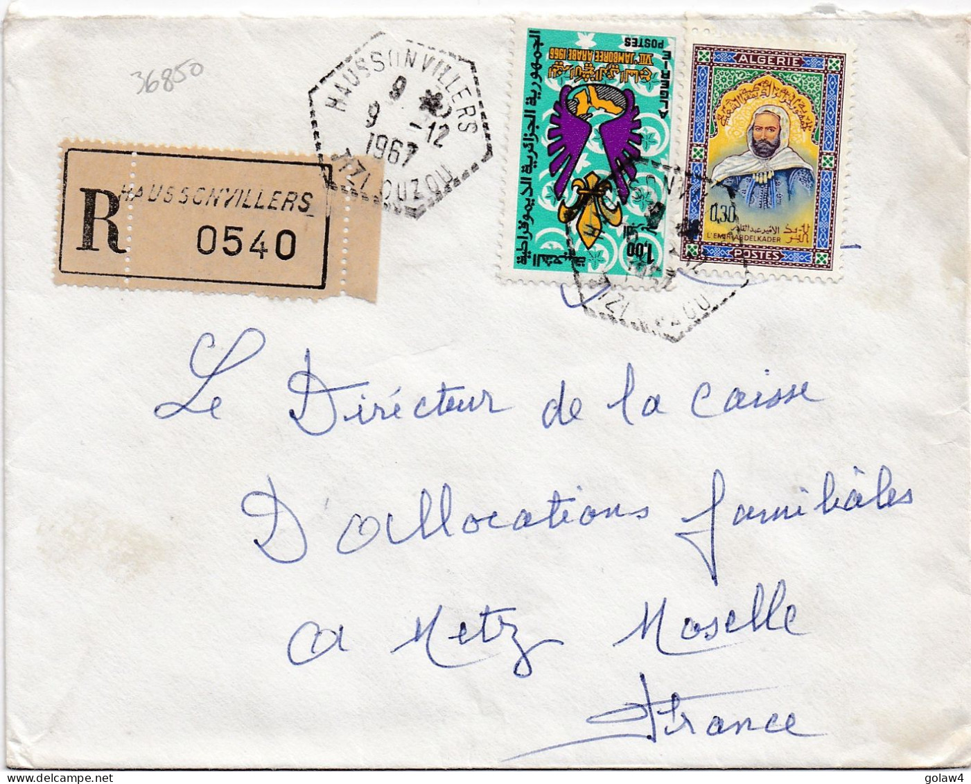 36850# ALGERIE LETTRE RECOMMANDE Obl HAUSSONVILLERS TIZI OUZOU 1967 Pour METZ MOSELLE - Algérie (1962-...)