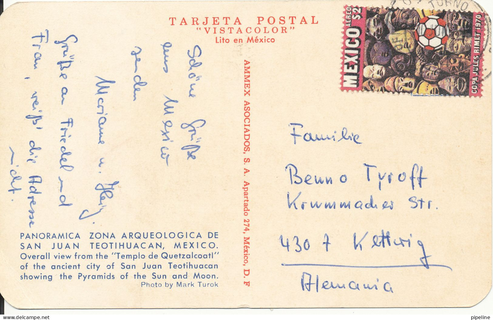 Mexico Postcard Sent To Germany 10-6-1970 Templo De Teotihuacan - Mexique