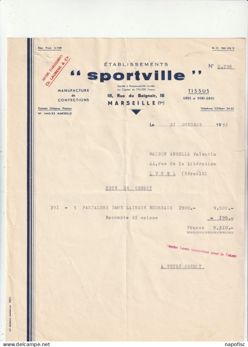 13-Ets Sportville....Manufacture De Confections, Tissus ....Marseille...(Bouches-du-Rhône)...1955 - Textile & Vestimentaire