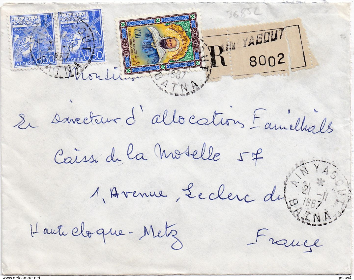 36852# ALGERIE LETTRE RECOMMANDE Obl AIN YAGOUT BATNA 1967 Pour METZ MOSELLE - Argelia (1962-...)
