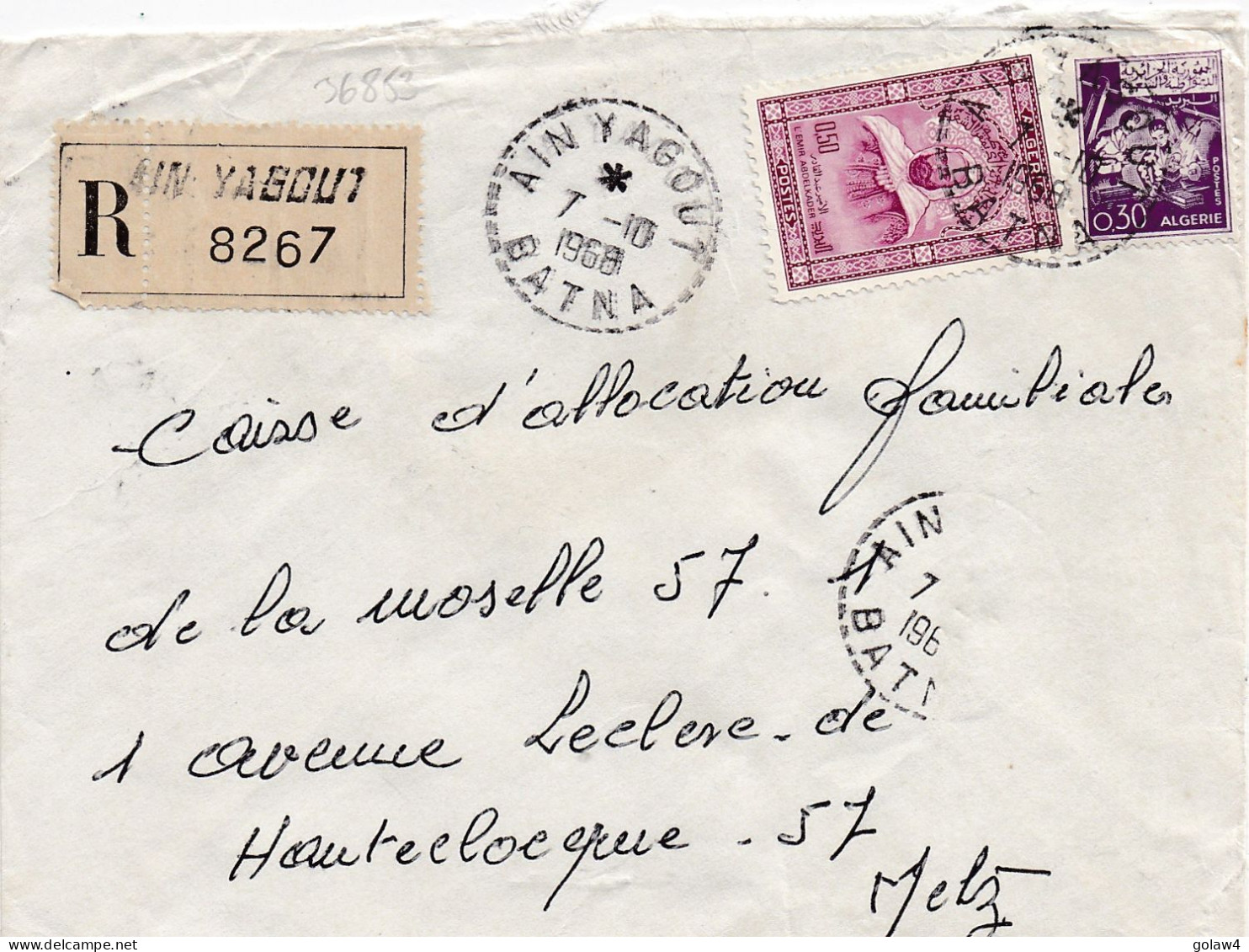 36853# ALGERIE LETTRE RECOMMANDE Obl AIN YAGOUT BATNA 1968 Pour METZ MOSELLE - Algérie (1962-...)