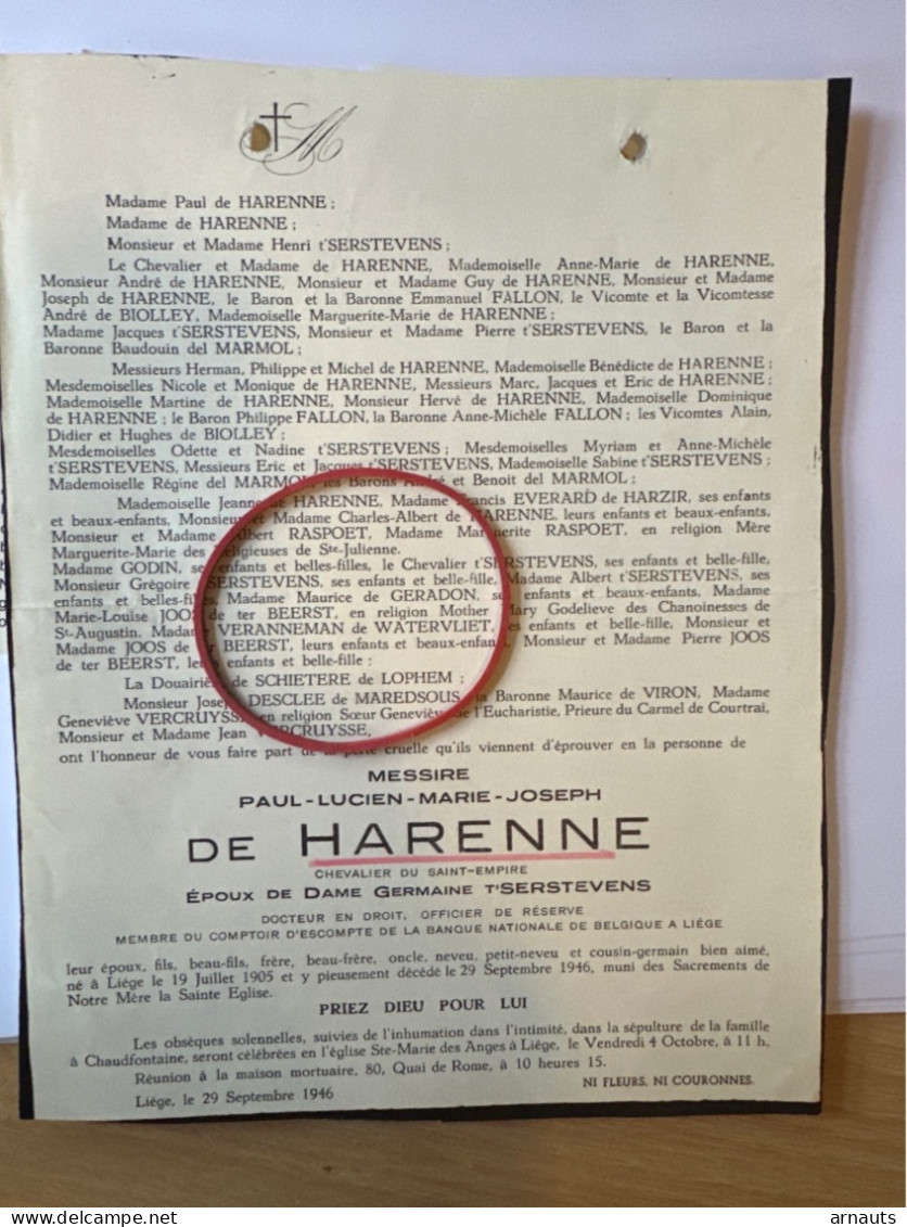 Messire Paul De Harenne époux Germaine T’Serstevens +1905 Liege +1946 Liege Chaudfontaine Banque Nationale De Belgique F - Décès