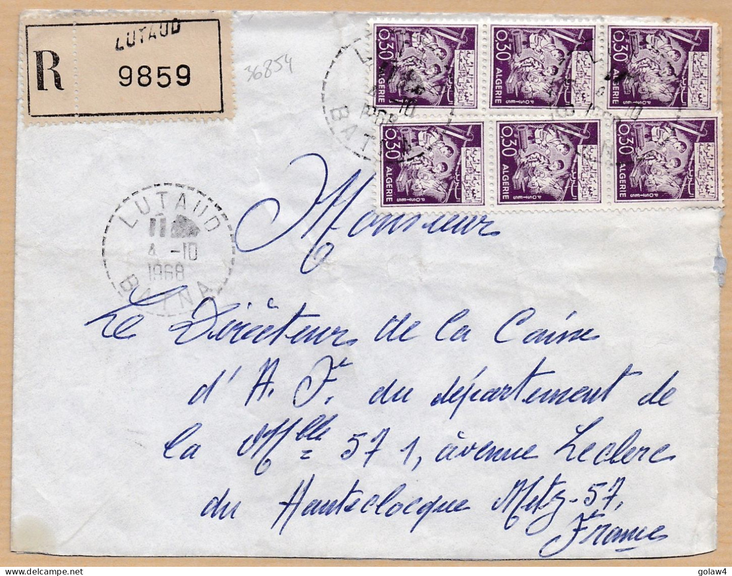 36854# ALGERIE LETTRE RECOMMANDE Obl LUTAUD BATNA 1968 Pour METZ MOSELLE - Algeria (1962-...)