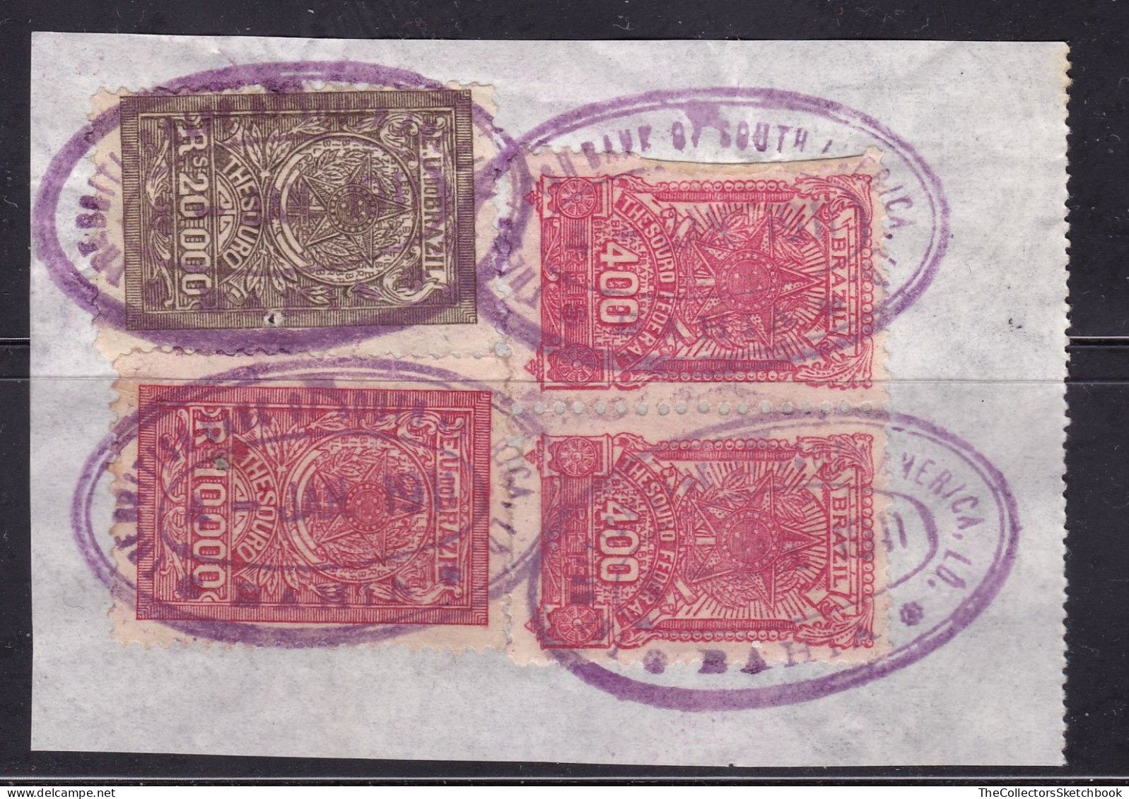 Brazil Revenue  Stamps,  Treasury , On A Piece , 4 Stamps.  Cancelled 'British Bank Of South America - Altri & Non Classificati